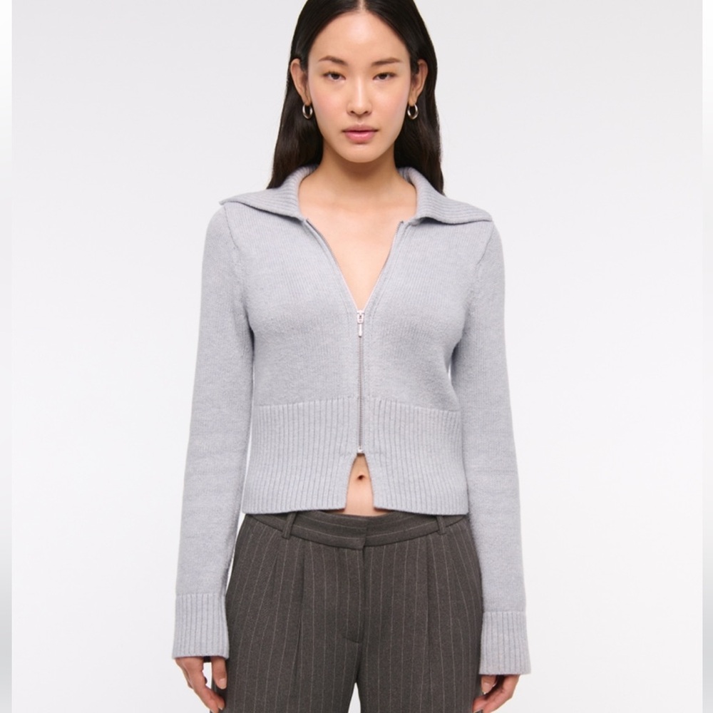 Grey Zip-Up Collared Cardigan - Abercrombie